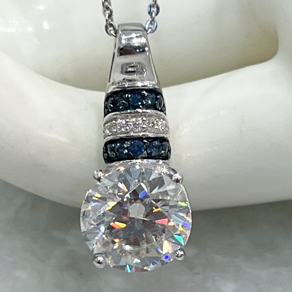 Moissanite and Blue Sapphire Sterling Silver Regal Pendant 20” Necklace